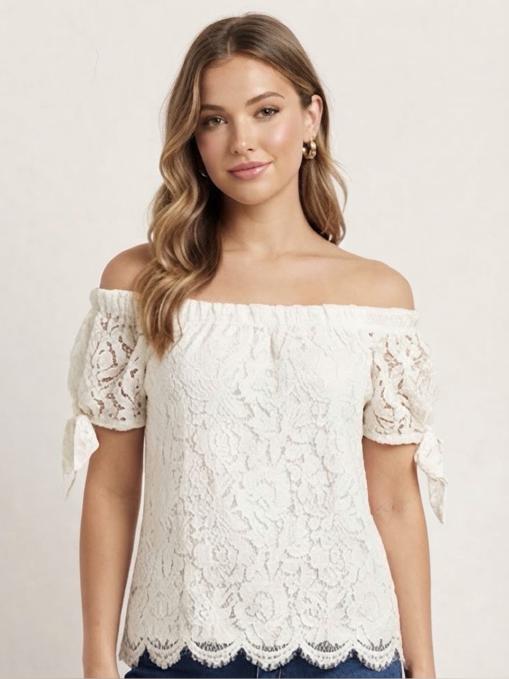 Miss Chievous Cream Lace Off The Shoulder Peasant Blouse NWT M Boutique